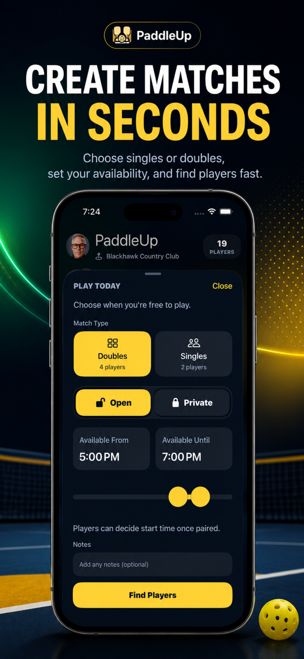 PaddleUp match creation screen